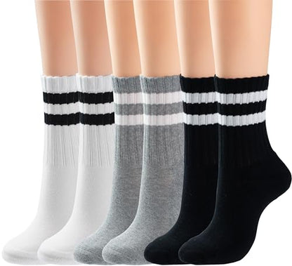 BomKinta Womens Striped Crew Socks Retro Above Ankle Cotton Sock Size 5-10 - color: 6 Pairs-2 Black 2 White 2 Grey