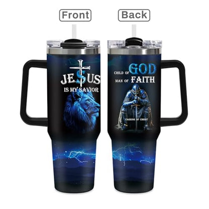 Christian Gifts for Men, 40 oz Religious Tumbler with handle, Child of God, Jesus is My Savior Double Walled Insulated Coffee Mug, Spiritual Man of Faith Fathers Day Birthday Gift for Dad Husband - color: Religious-D-318-X