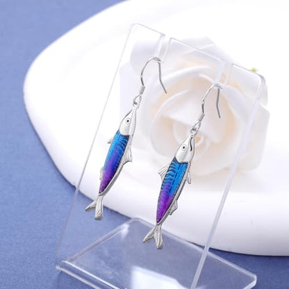 Sardine Fish Earrings for Sea Lovers - Sterling Silver Sardine Fish Dangle Earrings Marine Theme Fishing Party Ocean Jewelry Gift for Beach Vacation