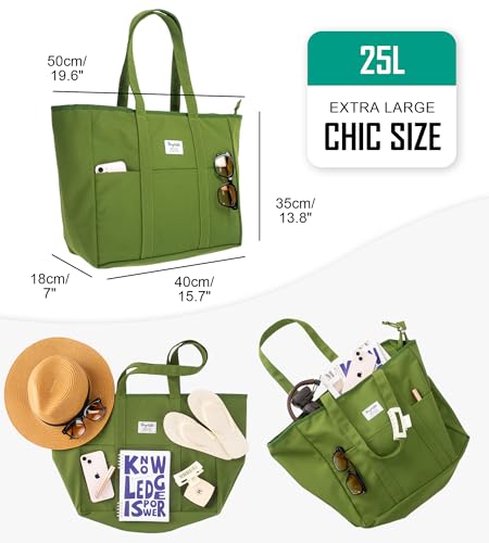 Bagelite Extra Large Canvas Tote Bag for Women Men, Utility Work Bags with Zipper - color: Olive