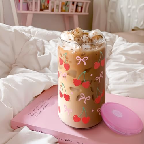 SANDJEST Cherry 16 Oz Can Glass Tumbler with Acrylic Lid and Straw - Iced Coffee Cups for Women, Aesthetic Glass Cup Gift for Birthday Christmas - color: Cherry