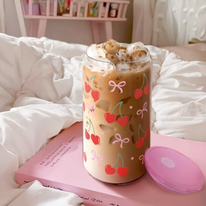 SANDJEST Cherry 16 Oz Can Glass Tumbler with Acrylic Lid and Straw - Iced Coffee Cups for Women, Aesthetic Glass Cup Gift for Birthday Christmas - color: Cherry