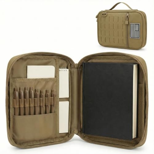 Tactical Bible Cover for Men, Large Bible Case with Shoulder Strap & US Flag Patch, Water Resistant Bible Carrier Bag with Handle, Multi Pockets for Church Study & Travel（Brown） - color: Brown