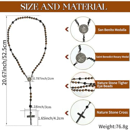 Bovemee Saint Benedict Medal Prayer Pocket Rosary Catholic Brown Wood Beads with Medalla de san benitol and Crucifix, 9 Inch - color: Nature stone Brown