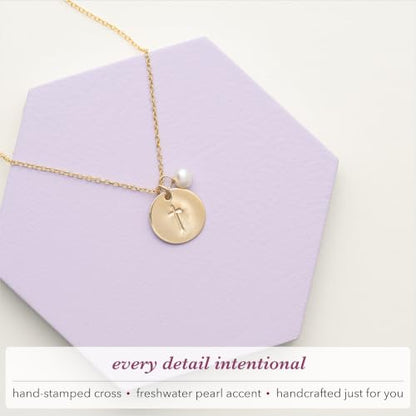 Dainty Cross Pendant Necklace with Freshwater Pearl, Adjustable Chain - color: Rose Gold, size: Extra Large (20"-22" Adjustable)