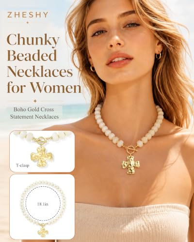 ZHESHY Chunky Beaded Necklaces for Women Heart Cross Statement Necklace - color: White 1