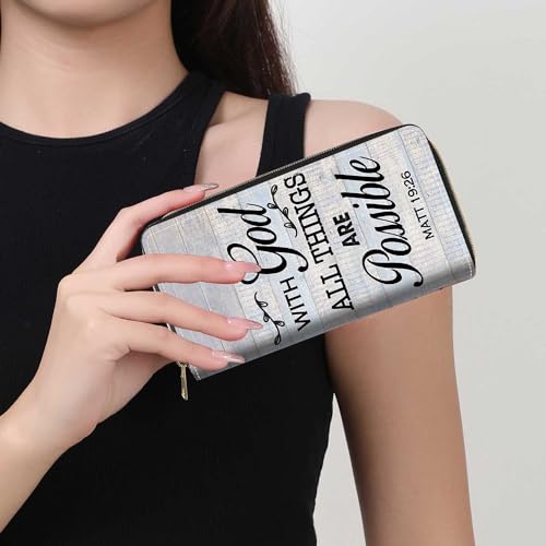 Quote Bible Verse Matthew 19:26 Print Wallet for Women Large Capacity Wallet Credit Card Holder PU Leather Zipper Clutch Purse Phone Wallet - color: Quote Bible Verse Matthew 19:26
