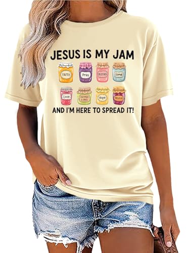 Jesus is My Jam and Im Here to Spread It Shirt Christian Faith T-Shirt Jam Graphic Tee - color: Creamy Yellow, size: Small