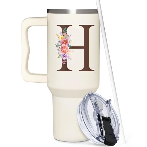 Personalized Gifts for Women, Customized Mother's Day, Birthday, Xmas Gift For Grandma, Mom, Wife, Friends, Sisters, Coworkers, Monogrammed Tumbler 40oz with Lid and Straw - color: H