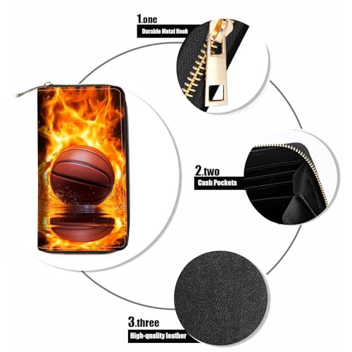 Burning Basketball Print Wallet for Women Large Capacity Wallet Credit Card Holder PU Leather Zipper Clutch Purse Phone Wallet - color: Burning Basketball