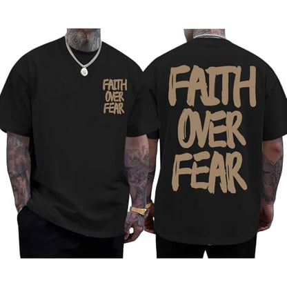 Christian Jesus Shirts for Men Faith Over Fear Shirt God Religious Bible Verse Inspirational Oversized Graphic Tees - color: Black, size: Small