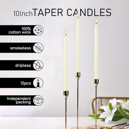 Ivory Taper Candles, 10 Inch Dripless Unscented, 12 Pack - color: lvory-10"12pcs