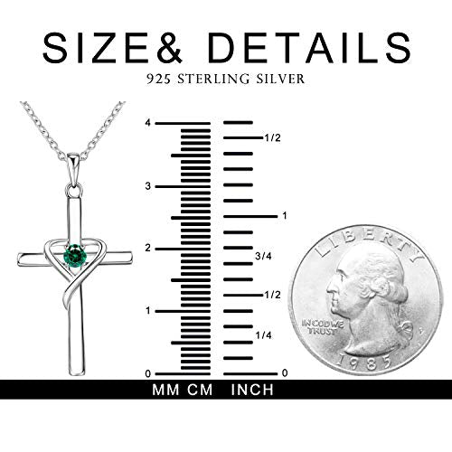 AmorAime 925 Sterling Silver Cross Necklace for Women Men 14K Gold Plated 5A CZ Birthstone Necklaces for Holiday - color: E.Green-May-Emerald