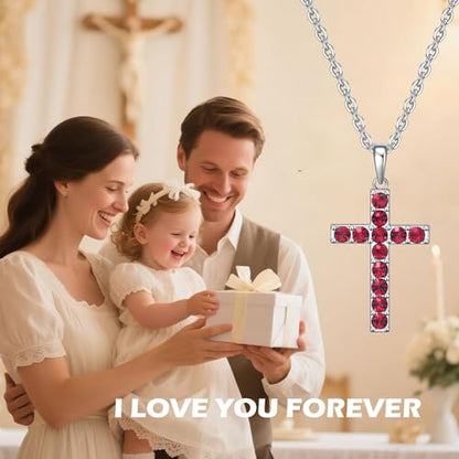 Birthstone Cross Necklace for Women,First Communion Gifts Easter Baptism Cross Jewelry Pendant Gift - color: 07July-Ruby Red