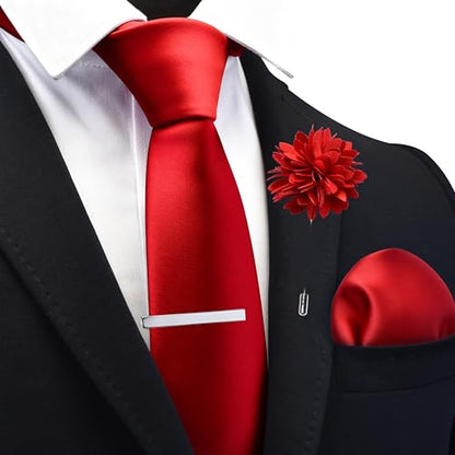 Branduce 3.15"（8cm） Mens Tie and Lapel Pin Solid Necktie Handkerchief Tie Clip Set for Men - color: Red