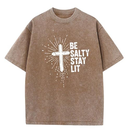 Be Salty Stay Lit Shirt Men Oversized Christian Graphic Tee Acid Wash Tshirt for Gym - color: Coffee-sparkly, size: Medium