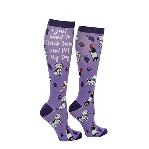 Cute and Funny Compression Socks for Women and Men with Funny Sayings - color: Drink Wine and Pet My Dog