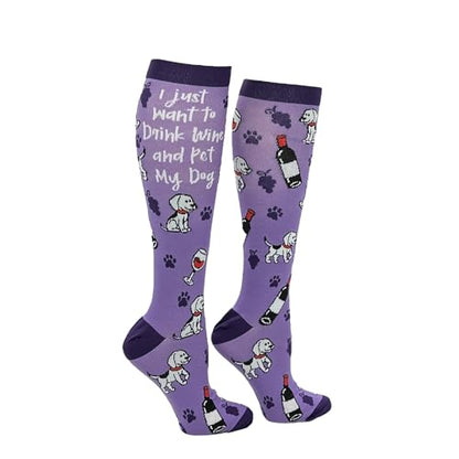 Cute and Funny Compression Socks for Women and Men with Funny Sayings - color: Drink Wine and Pet My Dog