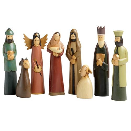 Folk Art Nativity Scene, Set of 8 Pieces, Tabletop Christmas Decorations, Collectible Figurines, Baby Jesus Holy Family Manger Scene, Indoor Xmas Decor for Tables, Shelf, Mantel, Handmade, Unique