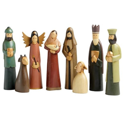 Folk Art Nativity Scene, Set of 8 Pieces, Tabletop Christmas Decorations, Collectible Figurines, Baby Jesus Holy Family Manger Scene, Indoor Xmas Decor for Tables, Shelf, Mantel, Handmade, Unique