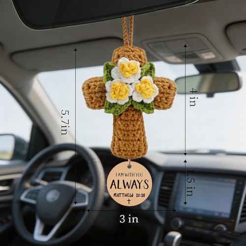 Handmade Crochet Cross Christian Car Hanging Ornament with 6 Wood Tags