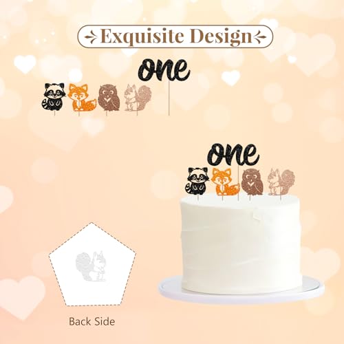Woodland Animal One Cake Topper, Woodland 1st Birthday Cake Decor, Black Glitter Forest Friends Cake Topper for Kids, Woodland Animal Themed Baby Shower Party Decoration - style: Animal One