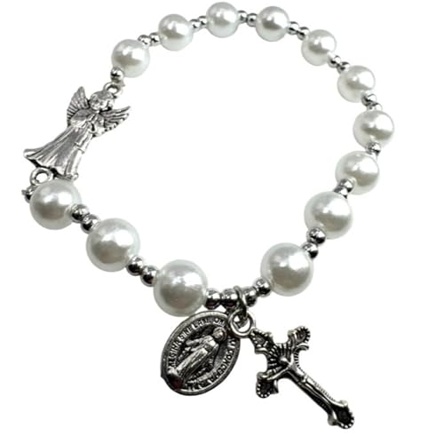 Westmon Works Guardian Angel Bracelet for Females Glass Bead Rosary Bracelet with Laminated Matching Holy Card Made in USA First Communion Gift