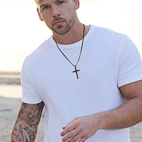 Joxevyia 14K Gold Filled Cross Necklace for Men Figaro Chain Stainless Steel Polished Cross Pendant Necklace Simple Baptism Faith Jewelry Gift - size: 20 inches, style: Big Black cross pendant(1.2"*0.7")
