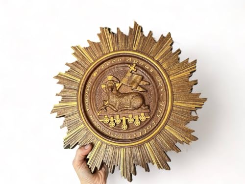 Jara's Petite Paradise Lamb of God Wooden Icon Oak Wall Art, Agnus Dei Christian Religious Decor, Handmade Good Shepherd Scripture Wall Hanging, Easter Decor - color: Antique Gold And Brown