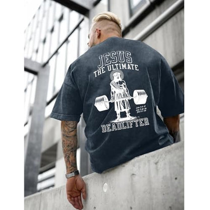 Mens Oversized Christian Shirts Jesus Faith Shirt Funny Gym Graphic Tees God Religious Bible Verse Acid Wash Tshirts - color: Denim Blue, size: Medium