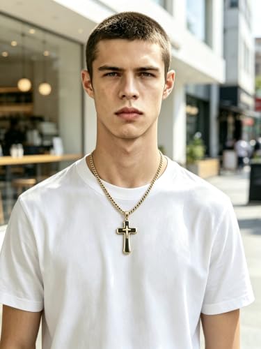 Men's Layered Cross Pendant Necklace, 2.1x1.2 inch Religious Charm, 21.6" 5mm Stainless Steel Cuban Chain, 18K Gold & Black Plated, Bonus 23.6" Square Pearl Chain, Marble Gift Box for Dad - color: Gold & Black