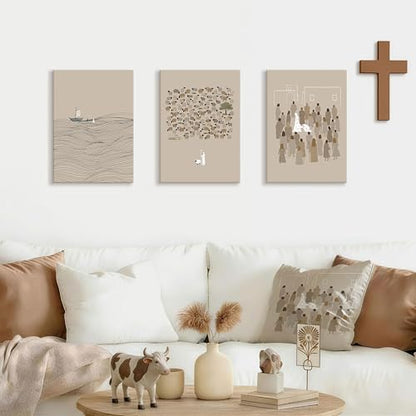 Christian Beige Bible Sketches Wall Art Jesus Canvas Prints 12"x16"x3 - color: Jesus Bible Story, size: 12"x16"x3Pcs