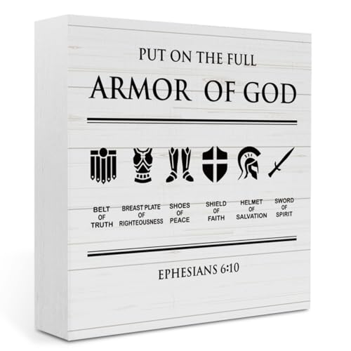 Inspirational Armor of God Christian Decor Christian Room Decor Prayer Room Decor Faith Scripture Box Sign Wooden Square Sign Decor Rustic Bible Verse Desk Decor Wood Sign for Home Farmhouse Office - color: Armor of God