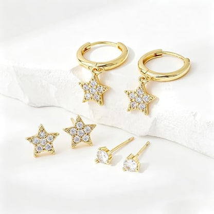 SHERLOVE Gold Earring Stacks Women 3Pairs Dangle Stud Huggie Hoop Set - color: 3 Pairs-Star 01 Stud Gold