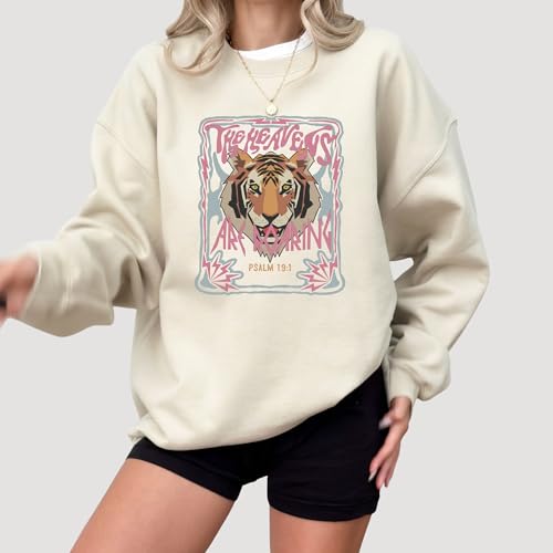 FITIN Unisex The Heavens Are Roaring Psalm 19:1 Sweatshirt – Christian Tiger Graphic Faith Crewneck - color: Sand, size: Medium