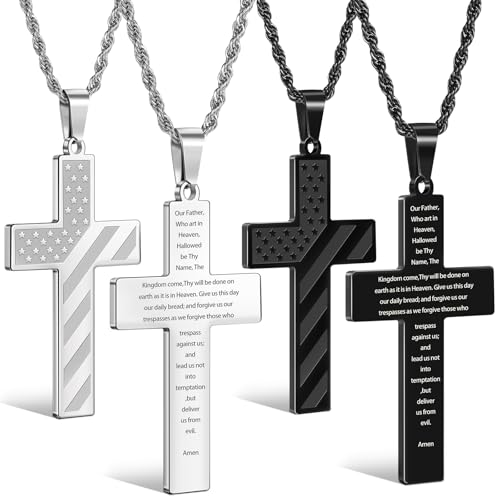 Romass 2Pcs Cross Necklace for Men Boys, Bible Verse Stainless Steel Silver Black American Flag Chains for Men Pendant Jewelry Box - style: Lord's Prayer