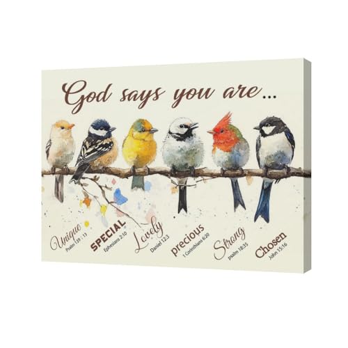 Farmhouse Bird Wall Decor Christian Bible Verse Pictures Wall Art Funny Birds Canvas Print God Says You Are Painting Framed Modern Home Artwork Decorations For Bathroom Bedroom Kitchen Office 20"x16" - color: Cute Birds, size: 20"L x 16"W