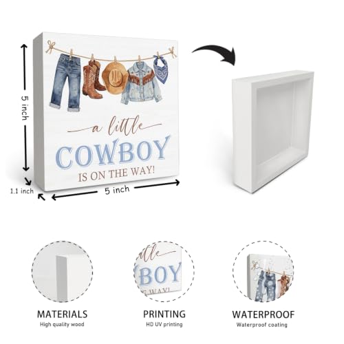 OFlich Little Cowboy Baby Shower Decor Wooden Box Sign 5x5 Inch - color: cowboy