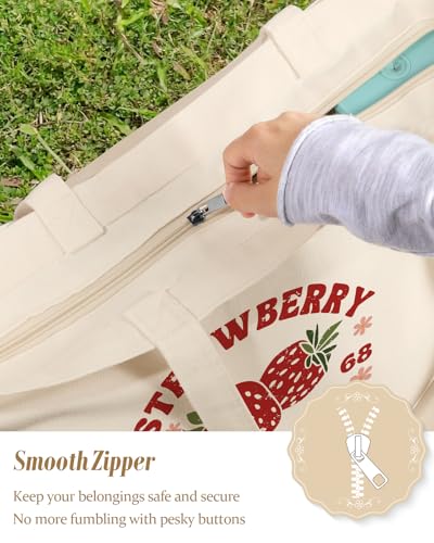 Miss Adola Large Tote Bag for Women - Canvas Tote Bag with Zipper Aesthetic Reusable Shoulder Bag for Gym, Travel, Work - style: Strawberry Festival