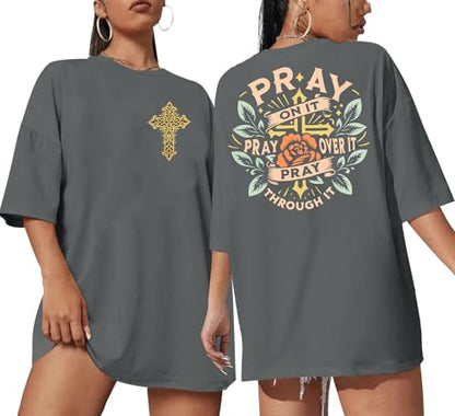 BANGELY Faith Over Fear Shirt Women Graphic Shirts Oversized Workout Gym Christian Religious Tees Drop Shoulder Tee Tops - color: A-grey, size: Small