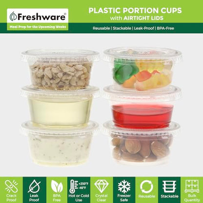 Freshware Plastic Portion Cups with Lids [2 Ounce, 200 Sets] Disposable Plastic Cups for Meal Prep, Salad Dressing, Jellos Shot Cups, Souffle Cups, Condiment and Dipping Sauce Cups - size: 2 oz - 200 sets