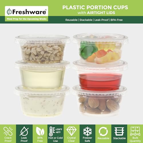 Freshware Plastic Portion Cups with Lids [2 Ounce, 200 Sets] Disposable Plastic Cups for Meal Prep, Salad Dressing, Jellos Shot Cups, Souffle Cups, Condiment and Dipping Sauce Cups - size: 2 oz - 200 sets