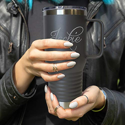 The Wedding Party Store Custom Personalized 20 oz Stainless Steel Powder Coated Vacuum Insulated Double Walled Travel Tumbler Coffee Mug with Handle and Lid (Grey) - color: Gray