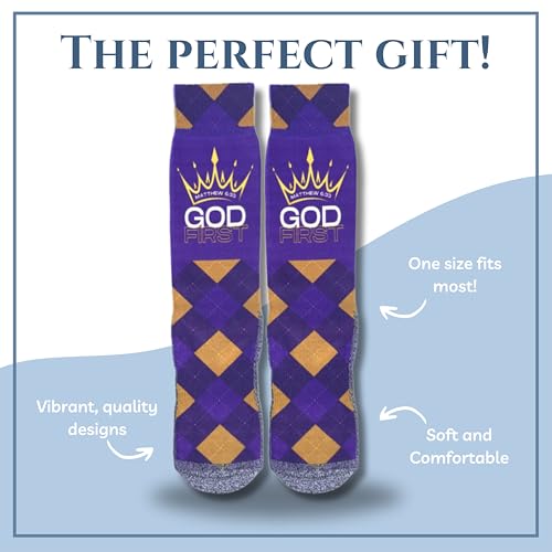 Bible Verse Socks for Men, Christian Scripture Crew Socks, Faith Gift - color: God First (Matthew 6:33)