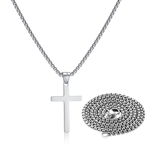 SKQIR Stainless Steel Cross Necklace for Men Silver Cross Necklace for boy Small Cross Pendant Necklace Simple Jewelry Cross Chain Gifts for Men - color: Silver:Cross Pendant 0.6'' * 1.0'', style: Chain 24 inches