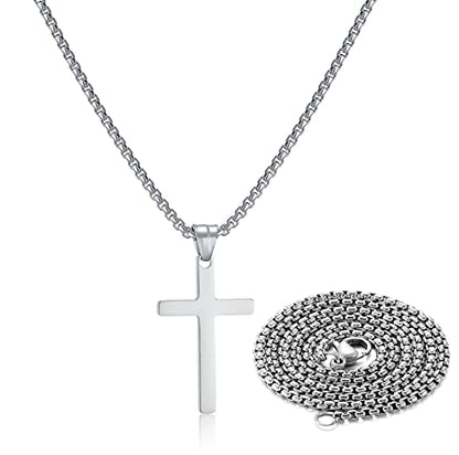 SKQIR Stainless Steel Cross Necklace for Men Silver Cross Necklace for boy Small Cross Pendant Necklace Simple Jewelry Cross Chain Gifts for Men - color: Silver:Cross Pendant 0.6'' * 1.0'', style: Chain 18 inches