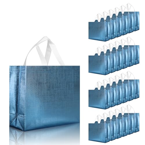 cabzymx 25 Pcs Blue Reusable Gift Bags with Metallic Design, Non-woven Gift Bag Bulk with Handles, Glossy Party Bags for Wrapping Gifts, Birthday, Wedding, Parties, Graduation-12.6x4.7x11 In - color: Blue, size: 1 Count (Pack of 25)
