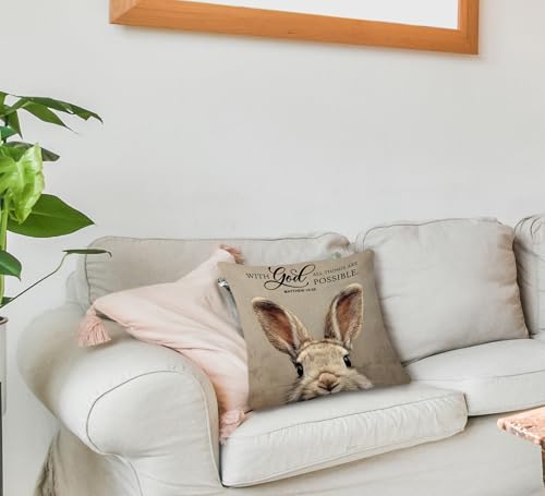 huester Easter Bunny Christian Pillow Cover 18x18, Easter Bunny Decor, with God All Things are Possible Bible Verse Decorative Throw Pillow Cover Pillowcases for Home Bedroom Living Room Decor