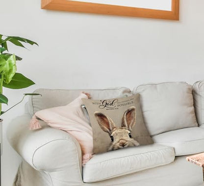 huester Easter Bunny Christian Pillow Cover 18x18, Easter Bunny Decor, with God All Things are Possible Bible Verse Decorative Throw Pillow Cover Pillowcases for Home Bedroom Living Room Decor
