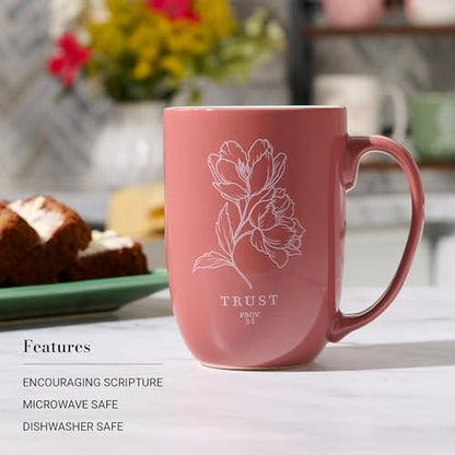 Christian Art Gifts Large Ceramic Coffee Mug for Women: Proverbs 3:5 - color: Pink Floral/Trust